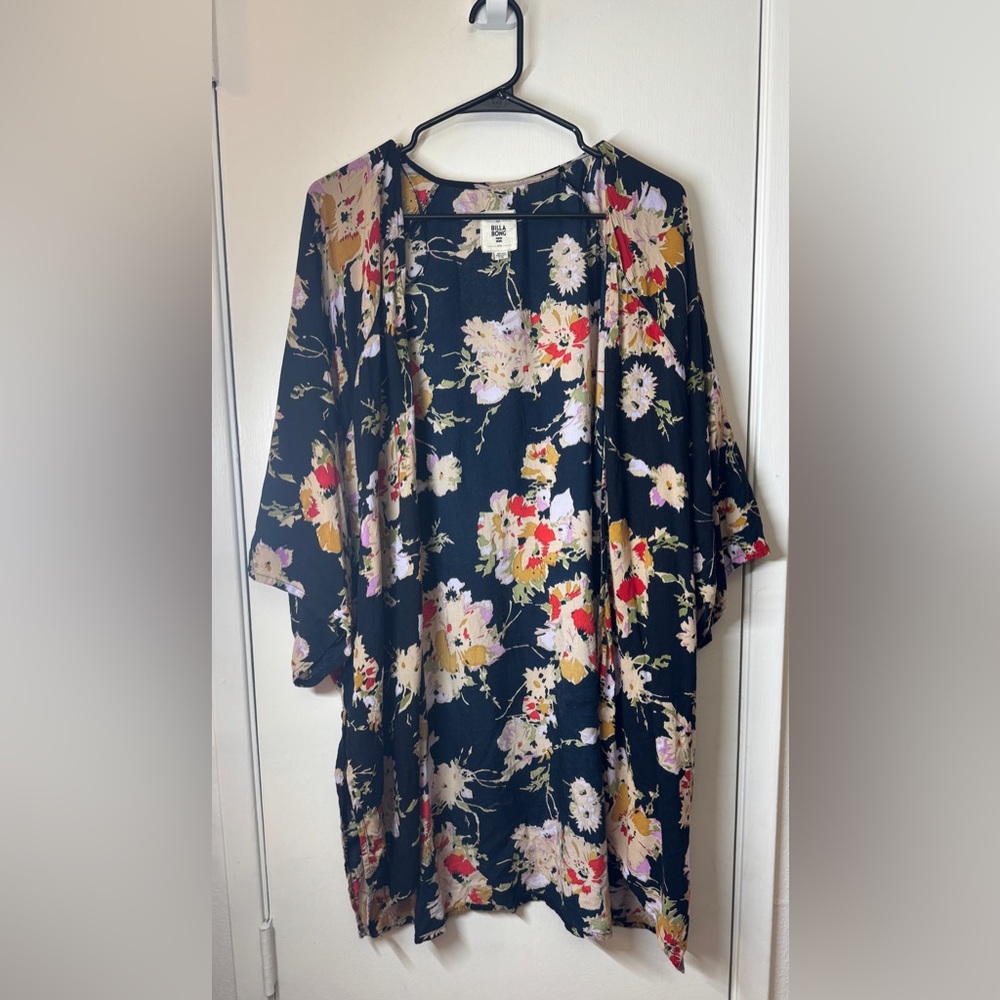 Billabong Black Floral Kimono with Pink, Yellow and Cream Accents